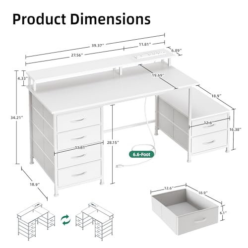 Image of 52 Inch Office Desk with 6 Drawers and Printer Space for Storage, Reversible Computer Desk with Monitor Stand & Power Outlets, Home Office Desks, White