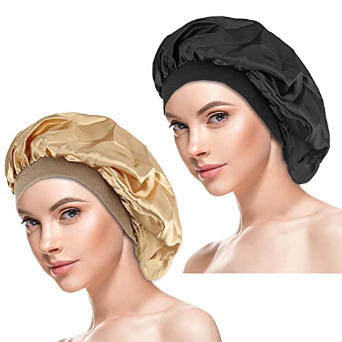 KissDate Satin-Haube, 2 Stück, Seidenhaarwickel zum Schlafen, elastisches Band, Seidenhaube, Schlafkappe für Damen und Mädchen, lockiges Haar (2 Stück Schlafkappe/42 cm) Cover