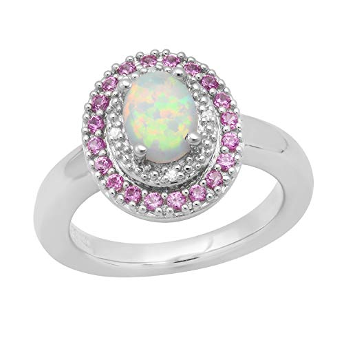 Dazzlingrock Collection 8X5.5 mm Oval Created Opal, Round Created Pink Sapphire with Natural Diamond Accent Ladies Engagement Ring, Sterling Silver
