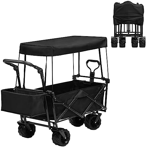 ALIMORDEN Foldable Canopy Wagon Garden Cart, Heavy Duty Outdoor Utility Collapsible Tool Cart with Removable Canopy and Big Wheels, Black Cover