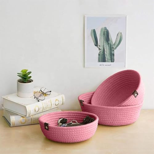 Image of Handmade Jute Cotton Storage Baskets Set of 3 for Dining Table, Fruit Basket & Roti Bowl, Cane Style Organizer for Kitchen, Home Decor, Washable Multipurpose - Beige (Pink)