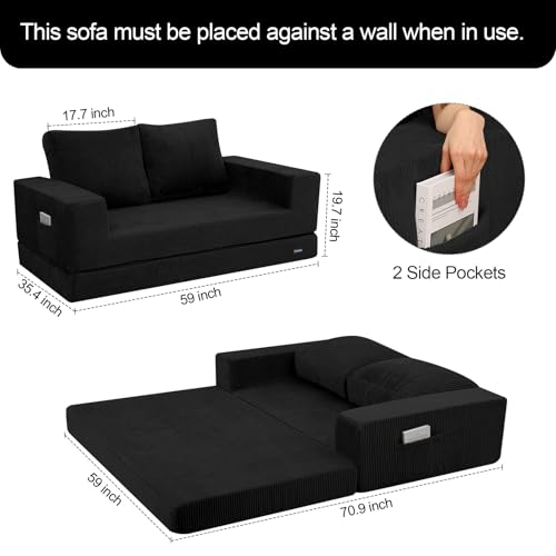 Image of COMAX Futon Sofa Bed, Convertible Sofa Bed, Folding Boneless Couches | Boneless Couch for living room, 4‑in‑1 Fold Out Small Foldable Loveseat Floor Sleeper Mattress Lounge Space‑Saving, Black
