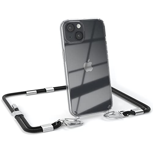 EAZY CASE - Handykette mit Karabiner kompatibel mit iPhone 14 - Hülle Silikonhülle Fallschutz transparente Handyhülle Kette zum Umhängen Schutzhülle in Schwarz - Clips Silber