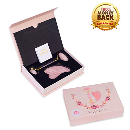 Jade Roller and Gua Sha Set 2 in 1 for Face, Real Rose Quartz Facial Roller Massager Jade Roller Noiseless Real Jade Roller 100% Jade