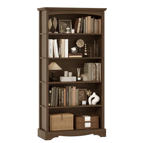 TVU 5-Tier Wooden Bookshelf, 31.5" W x 65" H ×9.9" D Bookshelf with Storage, Floor Standing Modern Style Display Bookcase for Living Room, Office, Study Room, Entryway, Brown