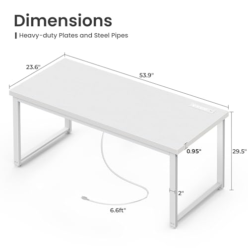 Huuger 55 x 24 inch Desk with Power Outlets & USB-C, Deeper & Thicker Desktop, Robust Metal Tubes, Computer Desk, Heavy Duty Office Desk, Work Gaming Desk for Home Office, White