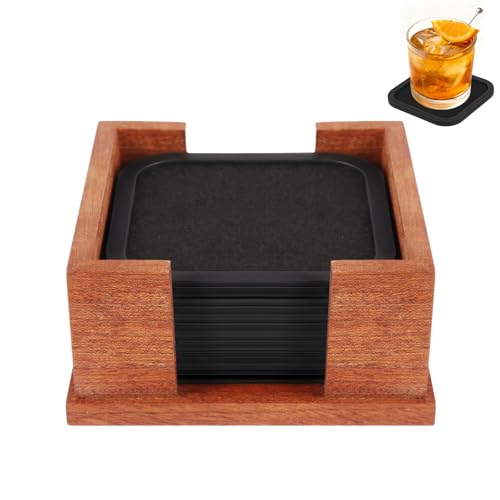Lexenic Absorbent Felt Coasters with Wood Holder,6Pack,Black