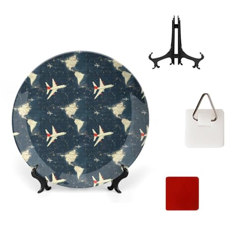 DULAHR Airplane Travel Map Bone China Decorative Plate Ceramic Decorative Plate Home Wall Decor with Vertical Stand Decorative Plates