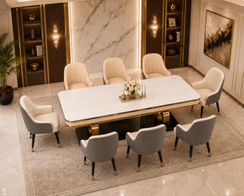Image of 8-Seater Dining Table with Nano Composite Marble Top and PVC Golden Wooden Base |2yr Warranty - Includes 8 Fabric Upholstered Chairs