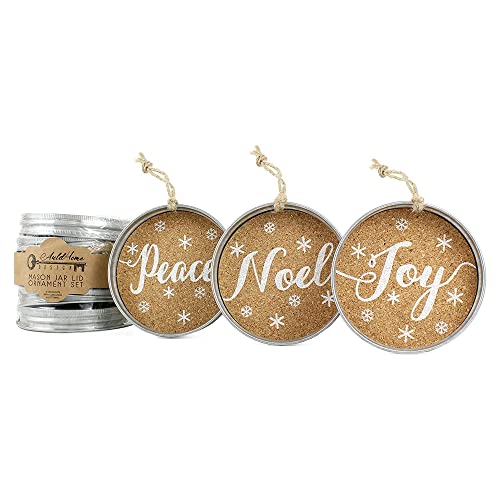 AuldHome Mason Jar Lid Christmas Ornaments, Farmhouse Decor (Set of 6), Rustic Galvanized Hanging Decorations with Peace, Joy, and Noel