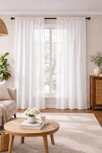 Image of THE LINEN COMPANY Sheer Cotton Curtains Window Curtains with Pom Pom Lace Rod Pocket Light Filtering Transparent Net Curtains for Window Curtains Door Curtains Living Room White 4 Ft Pack of 2