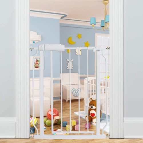 Image of ALLAIBB Extra Wide Pressure Mounted Baby Gate Walk Through Child Kids Safety Toddler Tension White Long Large Pet Dog Gates with Extension for doorways Kitchen (24.02-29.13 /61-74cm, White)