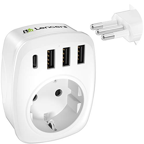 LENCENT Adapter Italien Reiseadapter Netzadapter EU auf IT Stecker Typ-L Reisestecker für Italien Chile Vatikanstadt San Marino Wand Steckdosen Mit 3 USB/1 Typ C/AC Steckdosenadapter