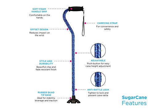 Nova Sugarcane, Walking Cane With All Terrain Rubber Quad Tip Base And Carrying Strap, Black Design #TOP5