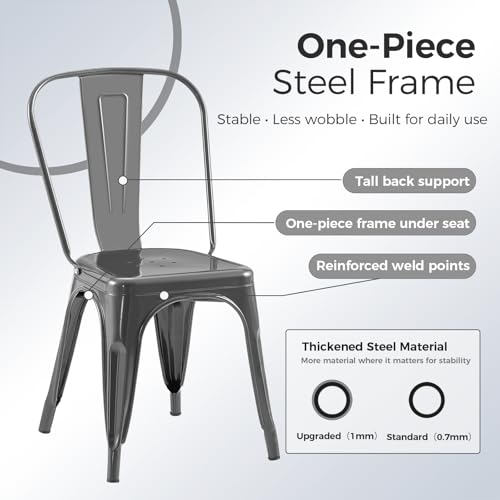 Image of Metal Dining Chairs with Backrest, Stackable, Grey, 4 Pack | Easy Assembly, Non-Slip Feet, 330 lb Capacity, Kitchen, Restaurant, Cafe, Pub, Covered Patio