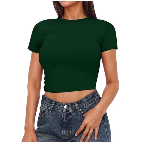 Yuccalley Women's Lace Short Sleeve Crop Top - Round Neck Casual Tee, Army Green, Size Large - View #2