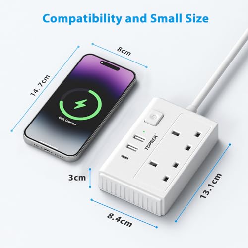 TOPREK 2 Way Extension Lead with USB Slots, 2 AC Outlets + 1 USB-C + 2 USB-A Ports, 1.5m Extension Cable with Switch, Slim Flat Plug (0.57inch) for Home/Office/Travel - Image 3
