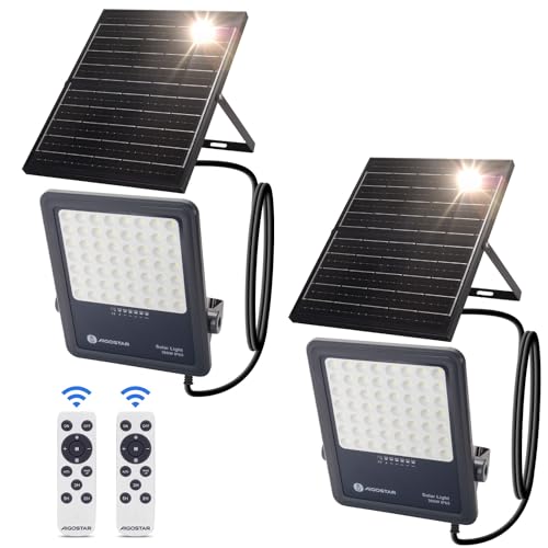 Aigostar Foco proyector LED solar con control remoto,Focos solare de 300W,3000LM,luz blanca fría de 6500K,IP65 impermeable Luz solar exterior,para jardín,terrazas,garajes,cable de 2M,Paquete de 2