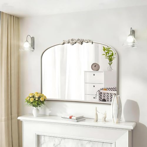 Image of Besdomus Vintage Arched Large Mirror: 36 inchx29 inch Silver Bow Decorative Mirror | French Baroque Metal Framed - Traditional Ornate for Entryway /Fireplace /Bathroom /Living Room - Ideal for Home Renovations