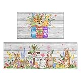 Easter Kitchen Rugs Set of 2, Gray Wood Grain Bunny Floral Kitchen Mat, Bunny Kitchen Decor Non-Slip Washable Floor Mat,Suitable for Easter Kitchen Sink Laundry Room,17x30+17x47 Inch