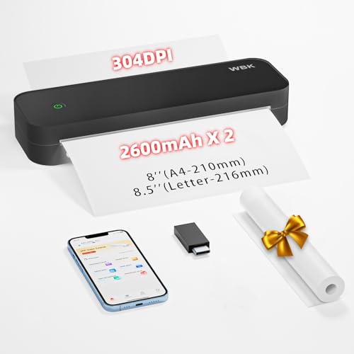 wbk® Impressoras portáteis sem fio para viagens, impressora térmica sem tinta, suporta 21,6 cm x 27,