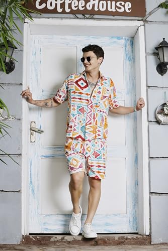 Image of Zilcon Men's Cord Set Short Sleeve Summer Winter Holiday Printed Shirt & Shorts Set 2 Pockets Oversize Two Piece Casual Daily Men co ord Set