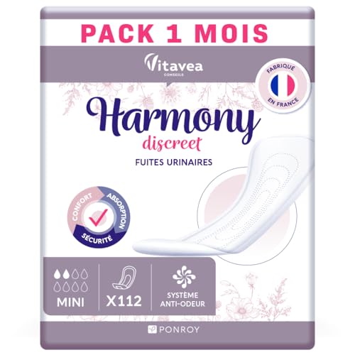 112 toallas higiénicas para mujer – protección orinaria para mujer – toalla para posparto – absorbente y antiolor – fabricado en Francia – 2 gotas – Pack 1 mes – Harmony Discreet