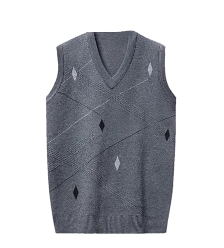 Men Knitted Sweater Vest Solid Color V-Neck Sleeveless Argyle Pullover Sweater Vest