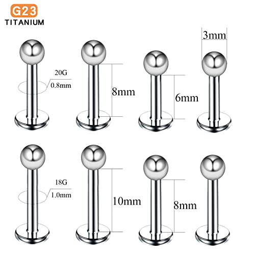 Sqkxklcz 4Pcs G23 Titanium 18G 8Mm 10Mm Press Fit Threadless Push Pop 3Mm Ball Top Flat Back Piercing Lip Stud Earring Labret Monroe Lip Ring Tragus Cartilage Earring Stud #TOP1