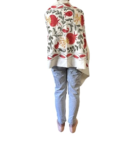 Authentic Floral Cashmere Scarf with Fringe, White and Red, Made in Uzbekistan3