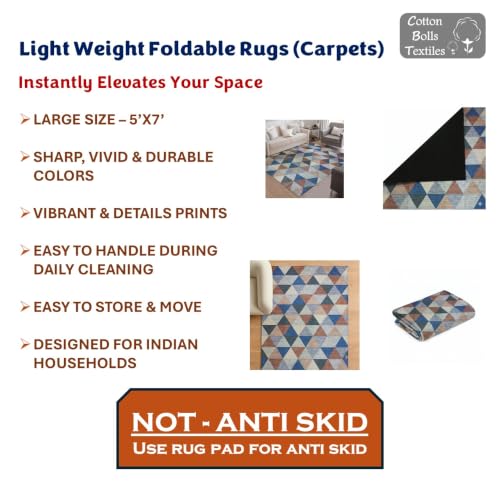Image of Cotton Bolls Textiles Rugs for Living Room 5x7 Feet Large Size | Lightweight Foldable Carpet for Bedroom & Hall | Easy to Handle During Daily Cleaning | Travel Friendly Printed Rug | Crystal Blue