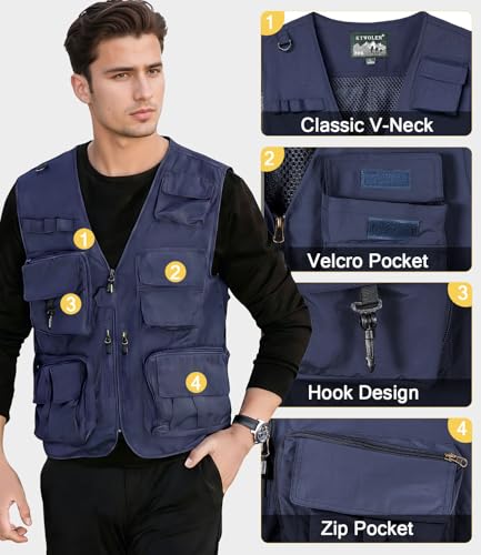 KTWOLEN Herren Anglerweste Sommer Leicht Schnelltrockenweste Funktionsweste Outdoor Fotografie Hundesport Weste Ärmellos Safari Weste mit Viele Taschen, Navy Blau, XXL