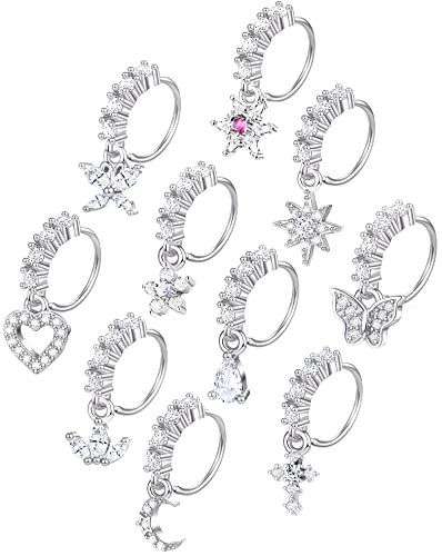 Tornito 10Pcs Dangle Nose Rings Hoop Butterfly Heart Moon Flower Star CZ Cartilage Earring Dangling Nose Body Piercing Jewelry 20G Silver Rose Gold Black Tone