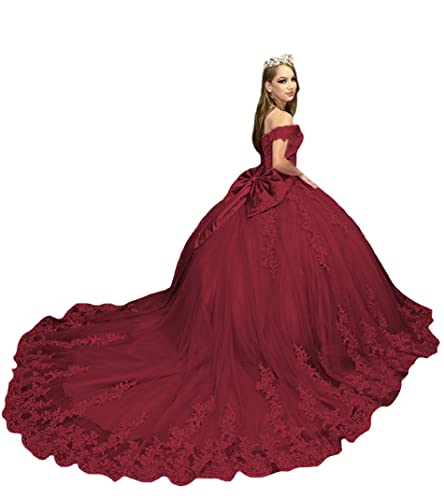 Gorgeous Off Shoulder Quinceanera Dresses Puffy Long Ball Gown with Train Lace Beaded Tulle Sweet 16 Dresses