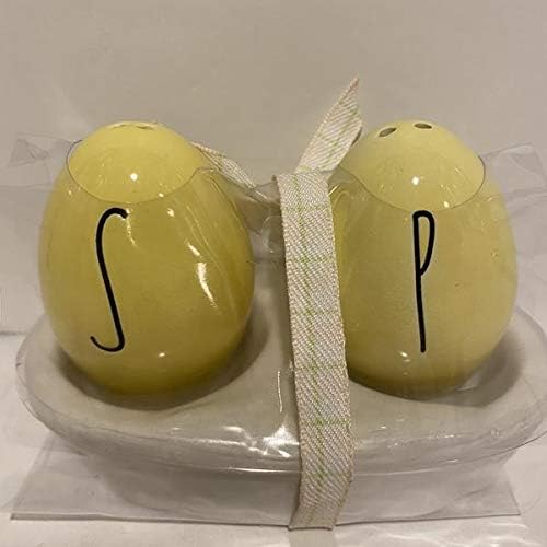 Rae Dunn SALT PEPPER Shakers con bandeja - Decoración de Pascua de cerámica amarilla