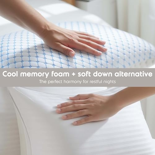 Image of Nestl Cooling Memory Foam Pillow with Down Alternative Pillows Combo Set - Queen Size Set of 2, 1 Soft and 1 Firm, Adjustable for Side, Back, Stomach Sleepers, Breathable Washable Bed Cover, 20 inchx30 inch