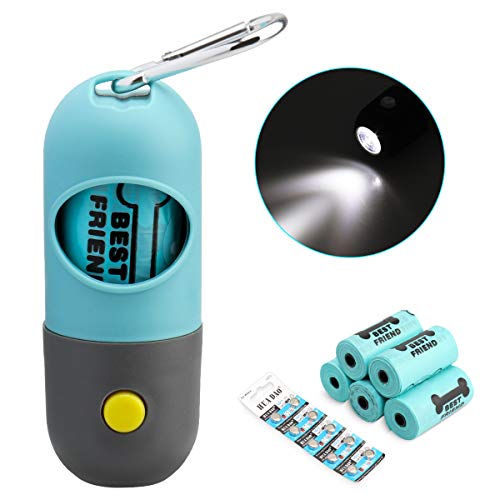 Hundekotbeutelspender mit LED-Taschenlampe und Metallkarabiner für das Gehen im Freien 75 PCS biologisch abbaubare Lavendel duftende Wickeltaschen und 10 Stück Knopfzellen zur Langzeitanwendung Blau Cover