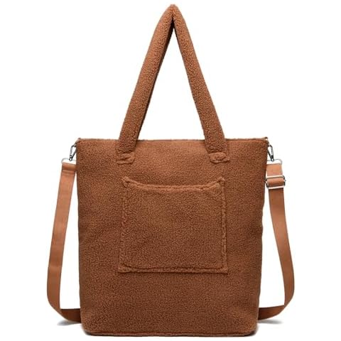 MYHOZEE Tote Bag for Women Large Teddy Fleece Tote Bag for School Work Travel Cute Shoulder Bag with Removable Strap Zipper Closure Sherpa Fleece Tote Purse Lightweight Crossbody Bag Handbag Cover