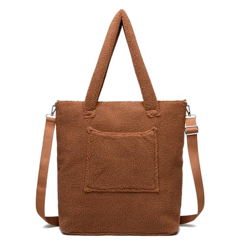 JANSBEN Bolso de mano de forro polar para mujer, de peluche, de piel sintética, bolso de la compra, grande, suave, bonito para el trabajo, viajes, compras, regalo, marrón