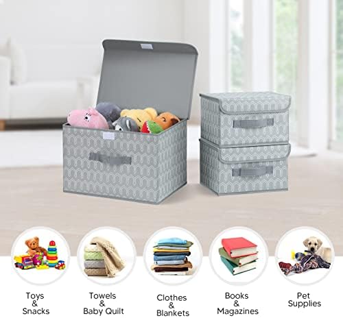 DIMJ 3 Pack Foldable Storage Boxes with Lids Fabric Storage Organiser Box with Handle Wardrobe Storage Organiser for Toys, Books, Closet, Bedroom, Home