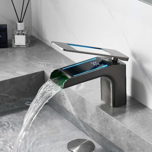 Robinet d'évier de salle de bain LED cascade monotrou avec tuyaux d'alimentation