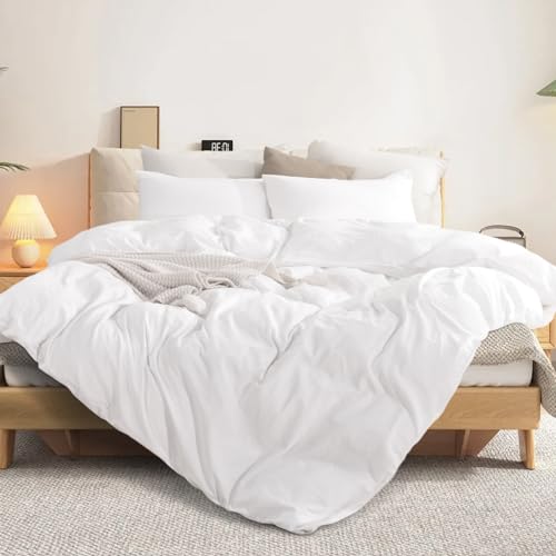 Image of NEXHOME PRO Cotton Duvet Cover Queen Size White, Organic Natural Linen Feel 100% Washed Cotton 3 Pieces Bedding Set with Zipper Closure & Corner Ties, Breathable(No Comforter)