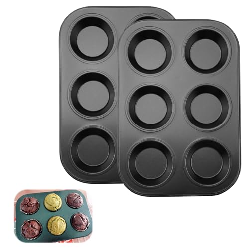 Witeup Muffin Trays, 2 Pack Carbon Steel Baking Tray, Black 6 Cup Large Non-Stick Jumbo Tins for Cupcakes, Quiche Dish Bakeware