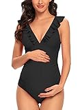 Ziola Maternity Swimsuit One Piece Ruffle V Neck Swimwear Lace Up Back Bathing Suit Monokini A Black