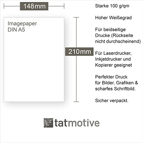 TATMOTIVE Imagepaper 100g/qm DIN A5, das stärkere Briefpapier, brillante Drucke für alle Drucker, 500 Blatt Kopierpapier Druckerpapier weiß