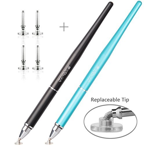 EVOLVA FUTURE TECHNOLOGY Newly Released Elegant Stylus Pen with Extra Long Expectancy Infinite Renewable Capacitive Spring Disc for IPad, iPhone and All Touch Screen Devices (2 Pack - Black + Blue)