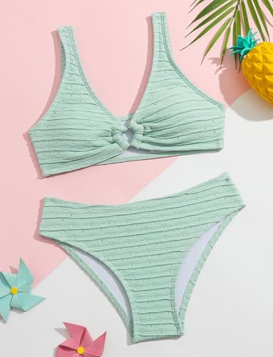 Image of Girl's 2 Piece Swimsuit Solid Ribbed Bikini Sets Crop Top Brazilian High Waisted Beach Bathing Suit Swimwear for Teen Kids Blue 8-9 Years