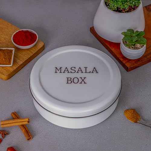 Image of Metallure Home Modern Stainless Steel Masala Box | Masala Dabba with 7 Containers and Spoon | Kitchen Spice Storage Container | Masala Dani (Spoon Included) | Handcrafted Aesthetic Design (Light Grey)