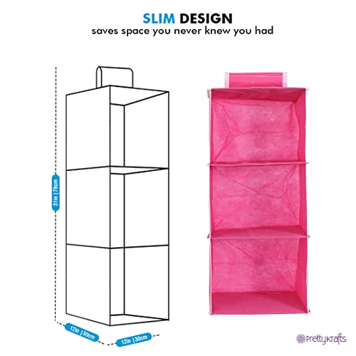 Image of PrettyKrafts 3-Shelf Fabric Hanging Wardrobe Organizer | Foldable Multipurpose Storage Almirah for Clothes, Shoes, & Toys | Space-Saving Closet Hanging Shelves with Engineered Wood Base (Pink)