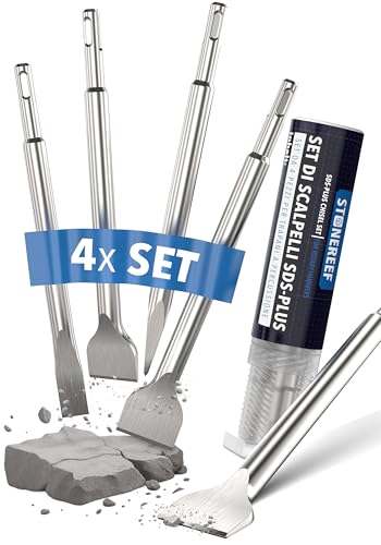 STONE REEF Set di scalpelli SDS Plus, 4 pezzi, scalpello per piastrelle, spatole e punte per martello perforatore con piastrelle larghe